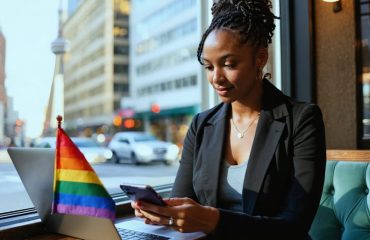 Gender-diverse entrepreneur uses a smartphone beside a laptop by a café window, with Pride flag decor and Toronto’s CN Tower visible outside in soft natural light, wearing a confident, hopeful expression.
