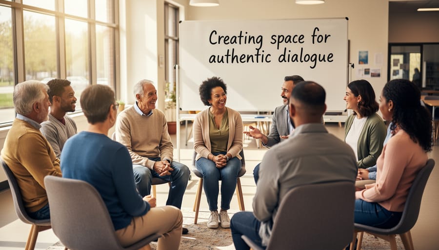 Two leather community members having meaningful conversation at gathering