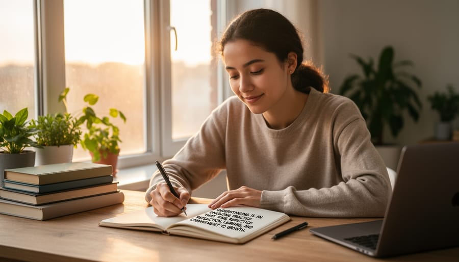 Hands holding open journal on wooden table in warm sunlight