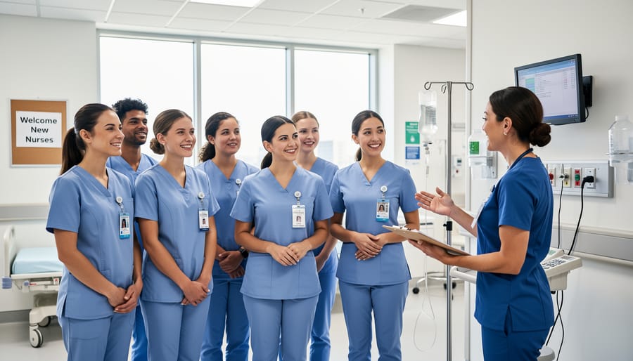 Diverse group of new graduate nurses in scrubs gathered in a hospital education room around a patient care workspace