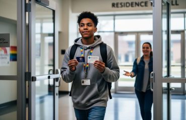 A trans or gender-diverse freshman holding a keycard and appointment card while entering a university residence hall, with a supportive companion in the softly blurred background.