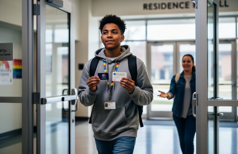 A trans or gender-diverse freshman holding a keycard and appointment card while entering a university residence hall, with a supportive companion in the softly blurred background.