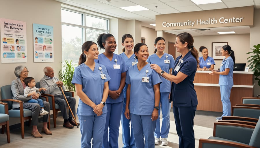 Nurse supporting a patient while walking through a hospital corridor