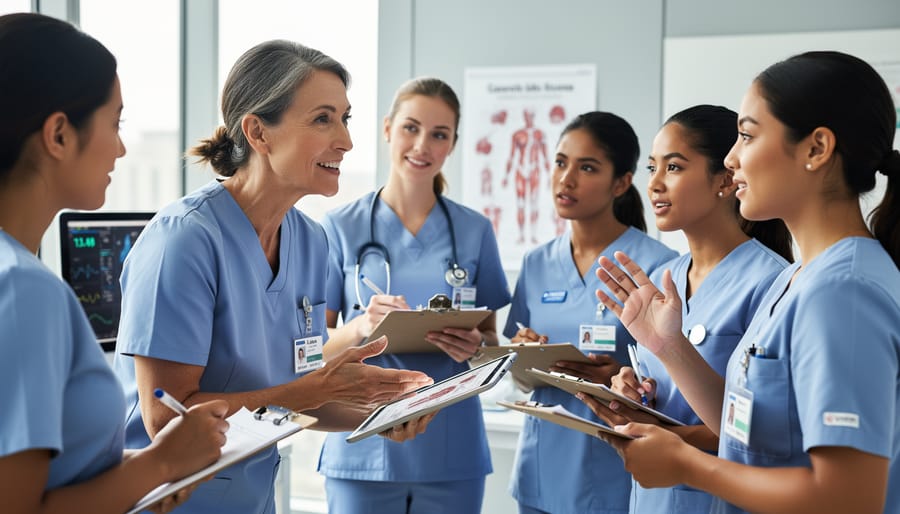 Preceptor nurse and new RN reviewing clinical notes together at a desk in a hospital setting