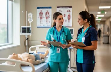 Mentor nurse coaching a new registered nurse during transition-to-practice training in a hospital, with patient-care equipment and a mannequin in the background.