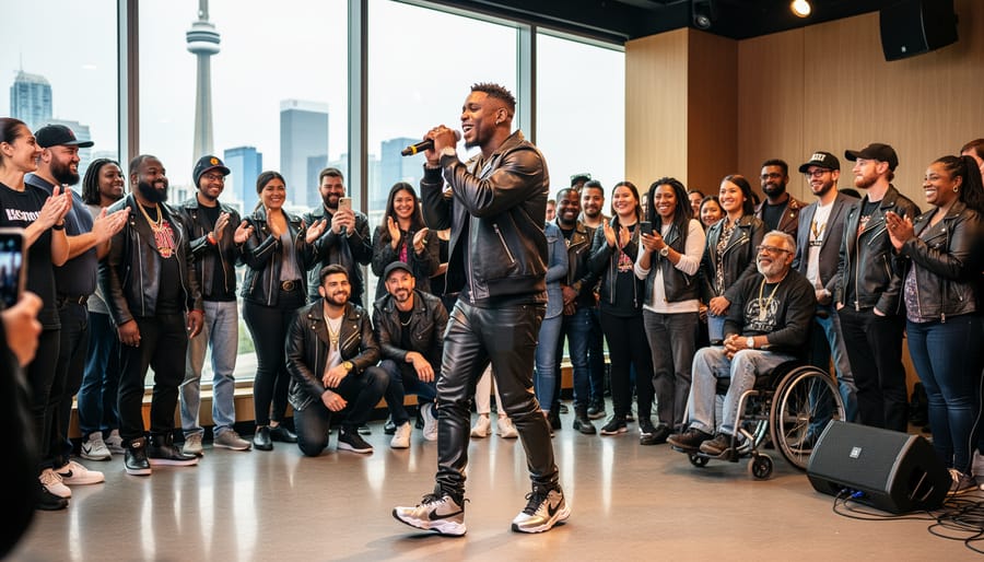 Toronto LGBTQ leather community members in leather jackets holding microphones near a stage during a live rap performance