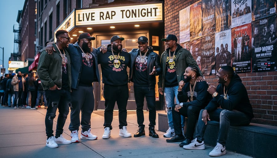 Diverse group of people in and around leather and streetwear standing together near a warmly lit venue entrance at night