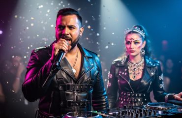 Performer in a black leather outfit holding a microphone at a Toronto LGBTQ hip-hop event next to a glowing DJ booth, with neon stage lighting and blurred crowd in the background.