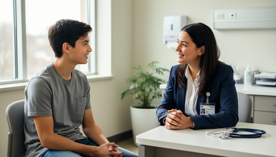 Teenager meeting with a clinician in a bright consultation room with a supportive, affirming tone