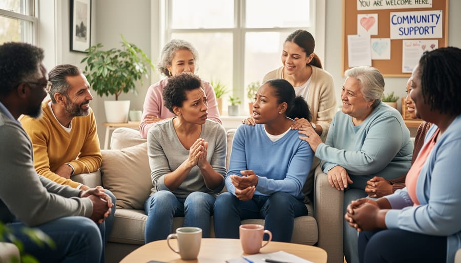 People in a living room supporting one another, with gentle hand contact suggesting compassion and care.