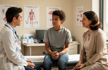 A healthcare provider and a parent speak with a transgender and gender-diverse youth in a bright clinic exam room, shown in a calm, supportive moment.