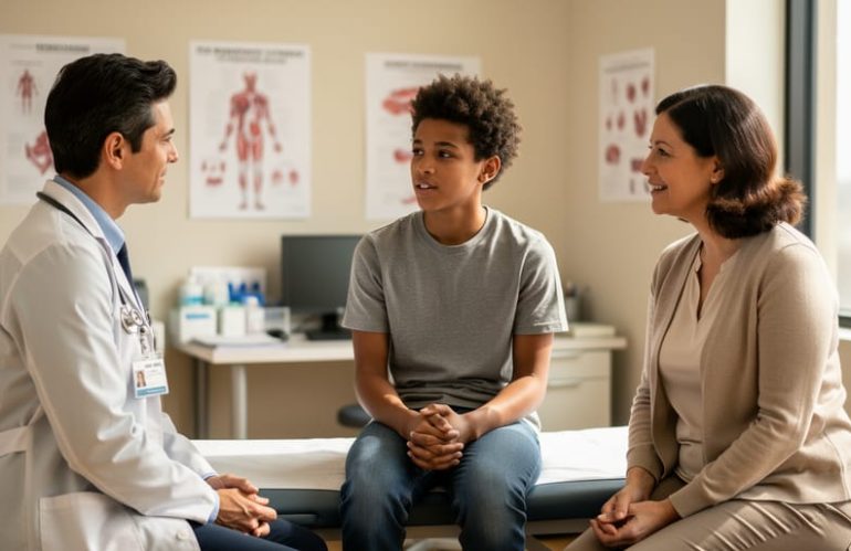 A healthcare provider and a parent speak with a transgender and gender-diverse youth in a bright clinic exam room, shown in a calm, supportive moment.