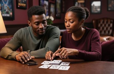 Two adults in a warmly lit lounge share a respectful conversation, with body language suggesting consent and checking boundaries while enjoying a responsible gaming context.