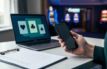 A hand reviewing a blank checklist beside a smartphone and laptop in a softly lit casino setting.