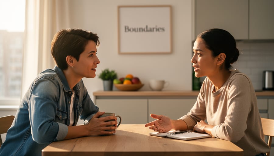 Two people at a table with hands near a journal and open calendar, suggesting thoughtful planning and accountability.